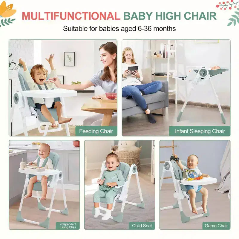 Makkelijk schoon te maken hoge stoelen voor baby's met verstelbare hoogte, 5 ligposities, afneembaar dubbel dienblad en 5-punts veiligheidsgordel