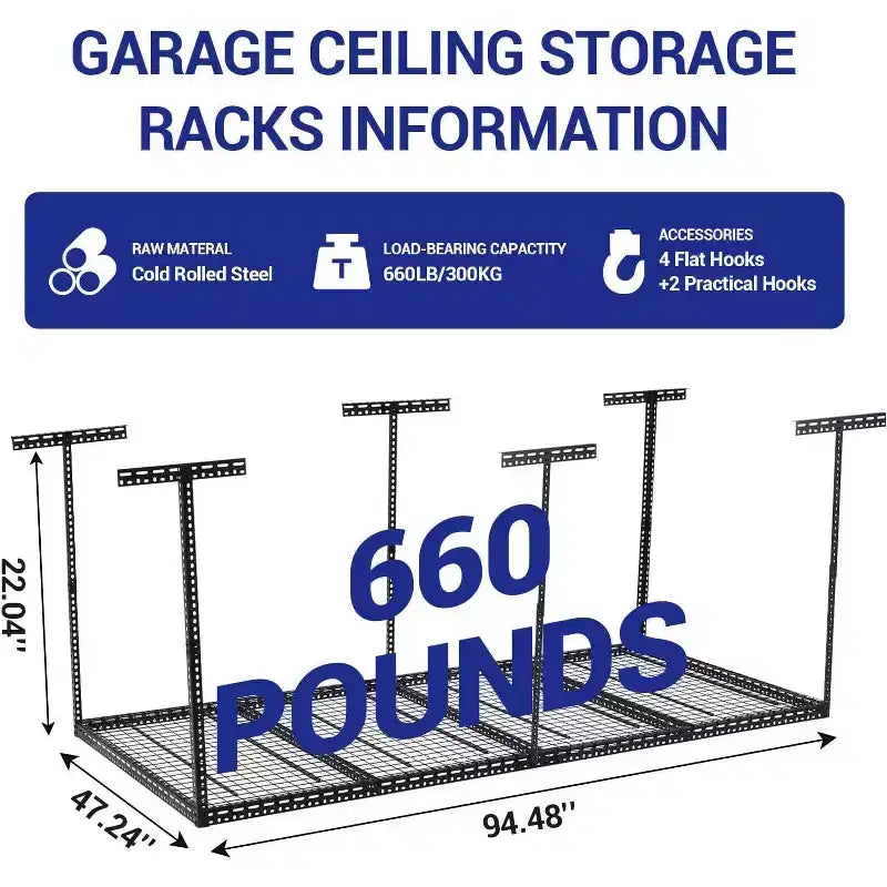 4x8 overhead garage-opbergrek, 22-40 verstelbaar garageplafondrek met 4 verticale palen, draagvermogen 660 lbs