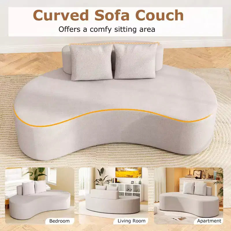Sofá curvo tapizado con 2 cojines cómodos, respaldo bajo, beige/gris