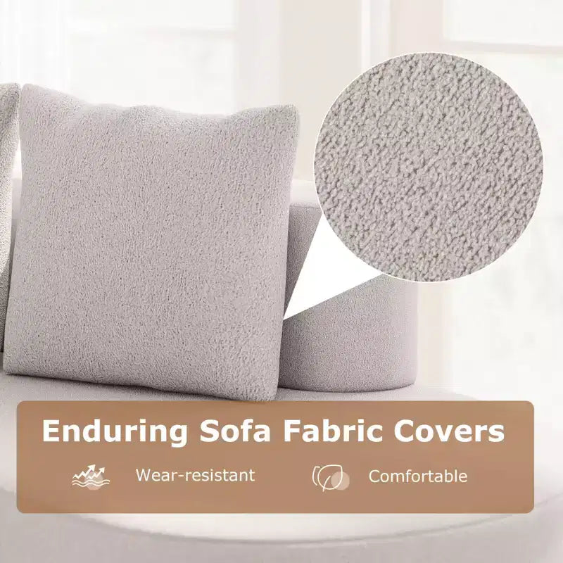 Sofá curvo tapizado con 2 cojines cómodos, respaldo bajo, beige/gris