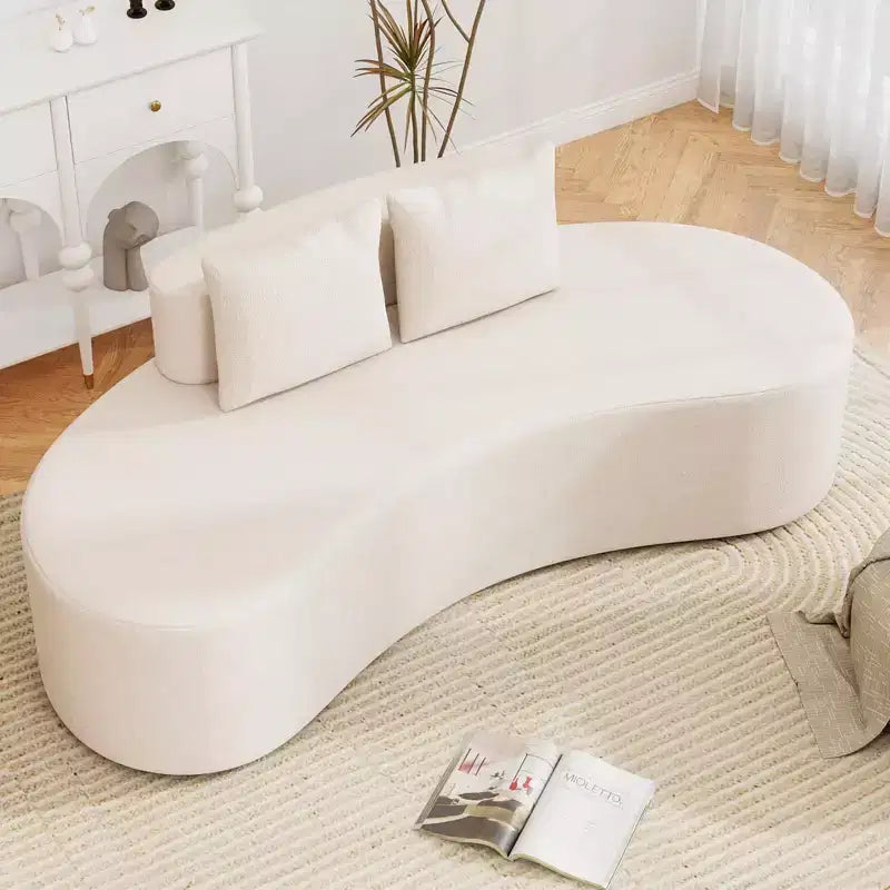 Sofá curvo tapizado con 2 cojines cómodos, respaldo bajo, beige/gris