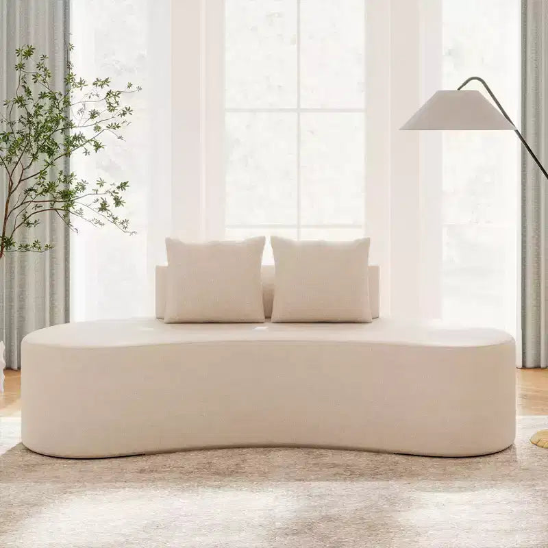 Upholstered Curved Sofa with 2 Cozy Pillows, Low Backrest, Beige/Gray