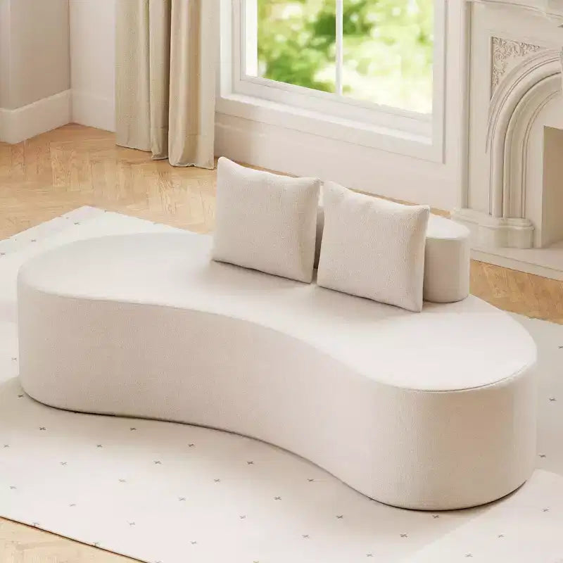 Upholstered Curved Sofa with 2 Cozy Pillows, Low Backrest, Beige/Gray