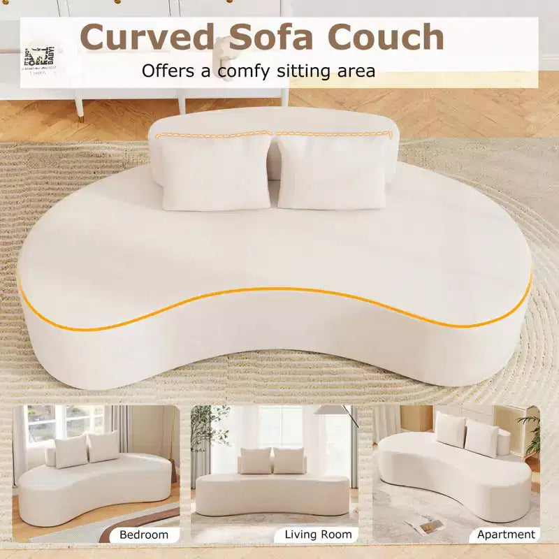 Sofá curvo tapizado con 2 cojines cómodos, respaldo bajo, beige/gris