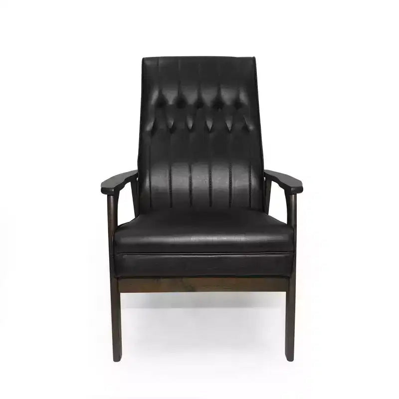 Mid Century Modern Accent Chair, Upholstered Matte Black Faux Leather, Living Room Bedroom