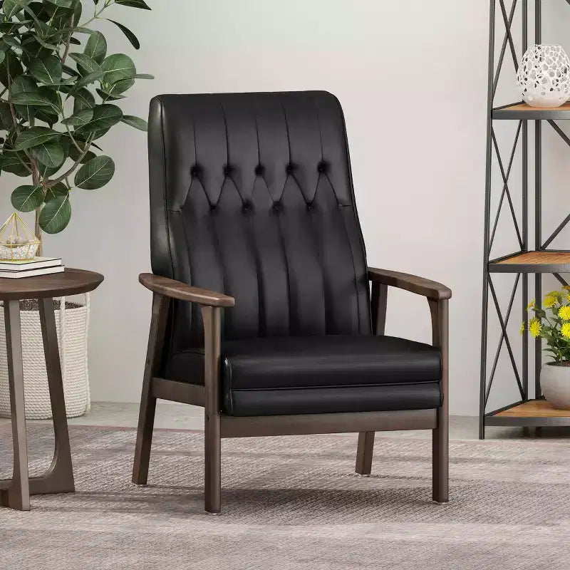 Poltrona d'Accentto Mid Century Modern, Rivestita in Finta Pelle Nera Opaca, Soggiorno o Camera da Letto