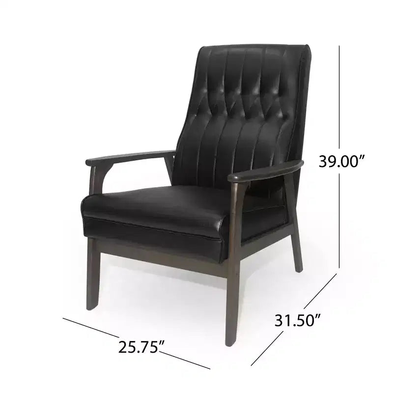 Mid Century Modern Accent Chair, Upholstered Matte Black Faux Leather, Living Room Bedroom