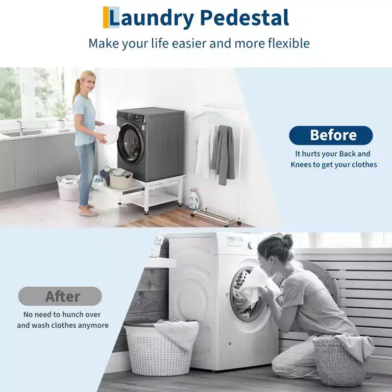 Pedestal para lavadora y secadora de 27" de ancho con estante extraíble, pedestal de lavandería de 16" de altura con almohadillas antivibración, bandeja de drenaje y manguera, capacidad de 1000 libras
