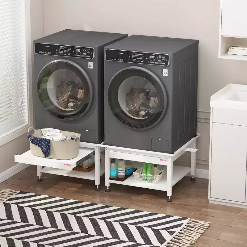 Pedestal para lavadora y secadora de 27" de ancho con estante extraíble, pedestal de lavandería de 16" de altura con almohadillas antivibración, bandeja de drenaje y manguera, capacidad de 1000 libras