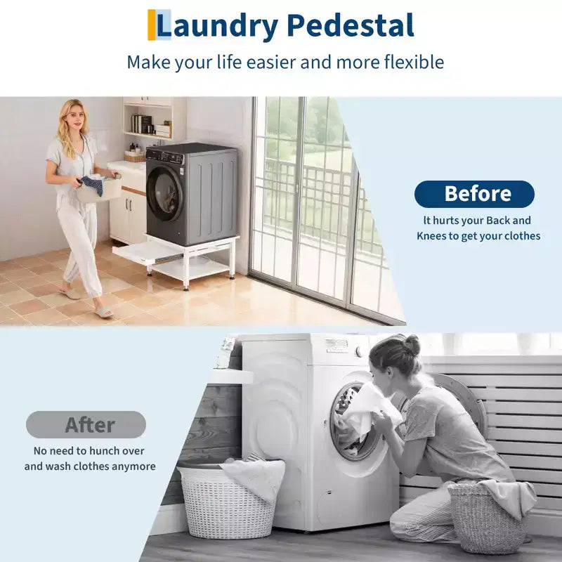Pedestal para lavadora y secadora de 27" de ancho con estante extraíble, pedestal de lavandería de 16" de altura con almohadillas antivibración, bandeja de drenaje y manguera, capacidad de 1000 libras