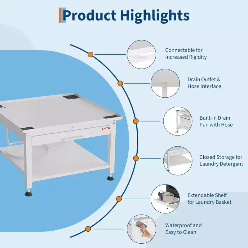 Pedestal para lavadora y secadora de 27" de ancho con estante extraíble, pedestal de lavandería de 16" de altura con almohadillas antivibración, bandeja de drenaje y manguera, capacidad de 1000 libras