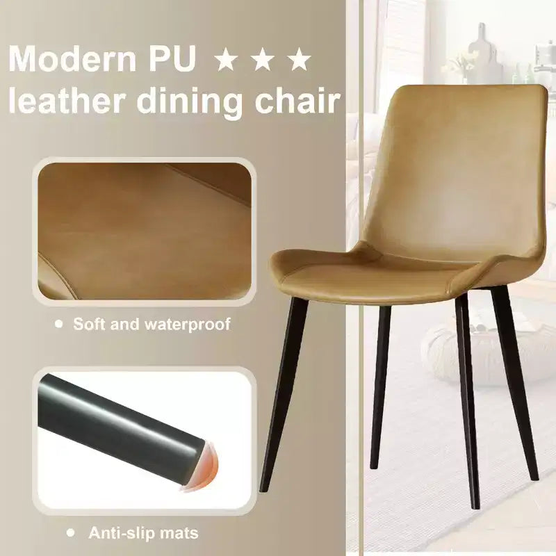 Set van 4 moderne eetkamerstoelen, bruine PU leren zitting, zwarte koolstofstalen poten, thuis, restaurant, vergaderruimte