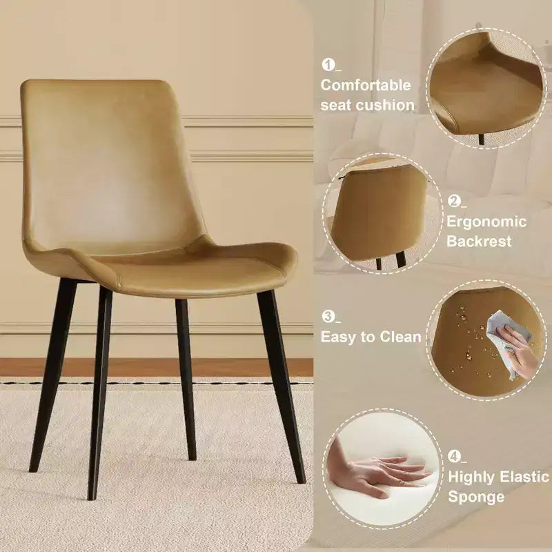 Set van 4 moderne eetkamerstoelen, bruine PU leren zitting, zwarte koolstofstalen poten, thuis, restaurant, vergaderruimte