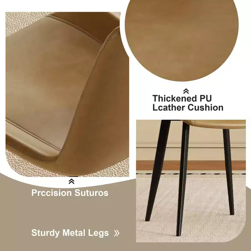 Set van 4 moderne eetkamerstoelen, bruine PU leren zitting, zwarte koolstofstalen poten, thuis, restaurant, vergaderruimte
