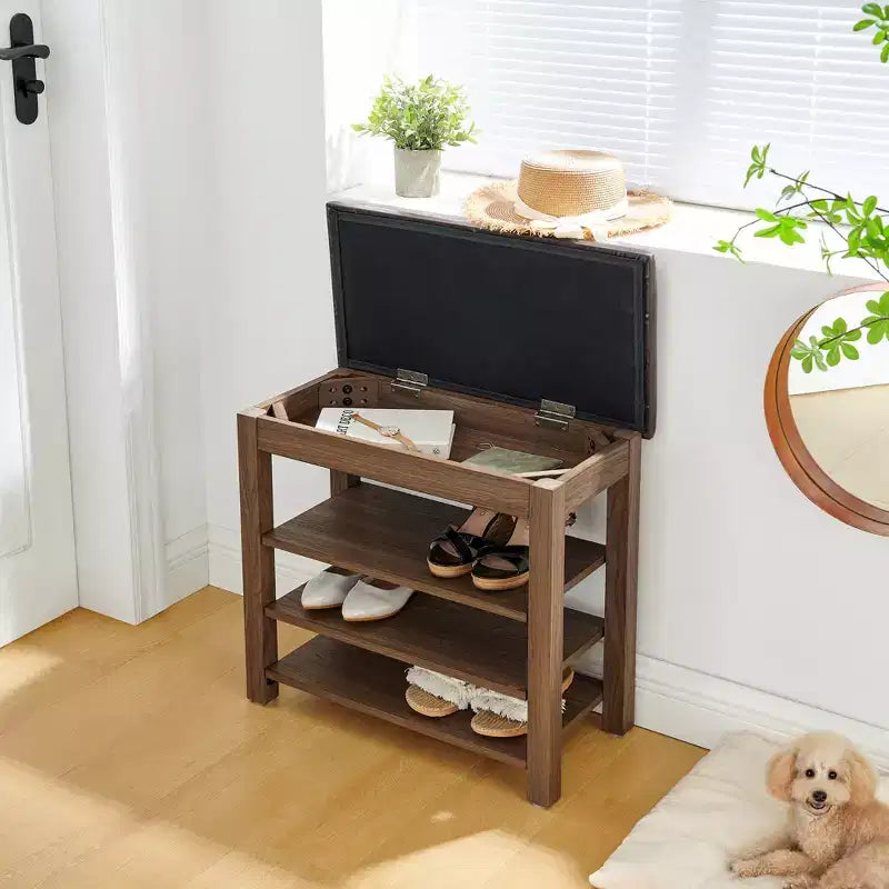 Banco largo para zapatos de madera de caucho natural con almacenamiento oculto, organizador de entrada estilo nórdico