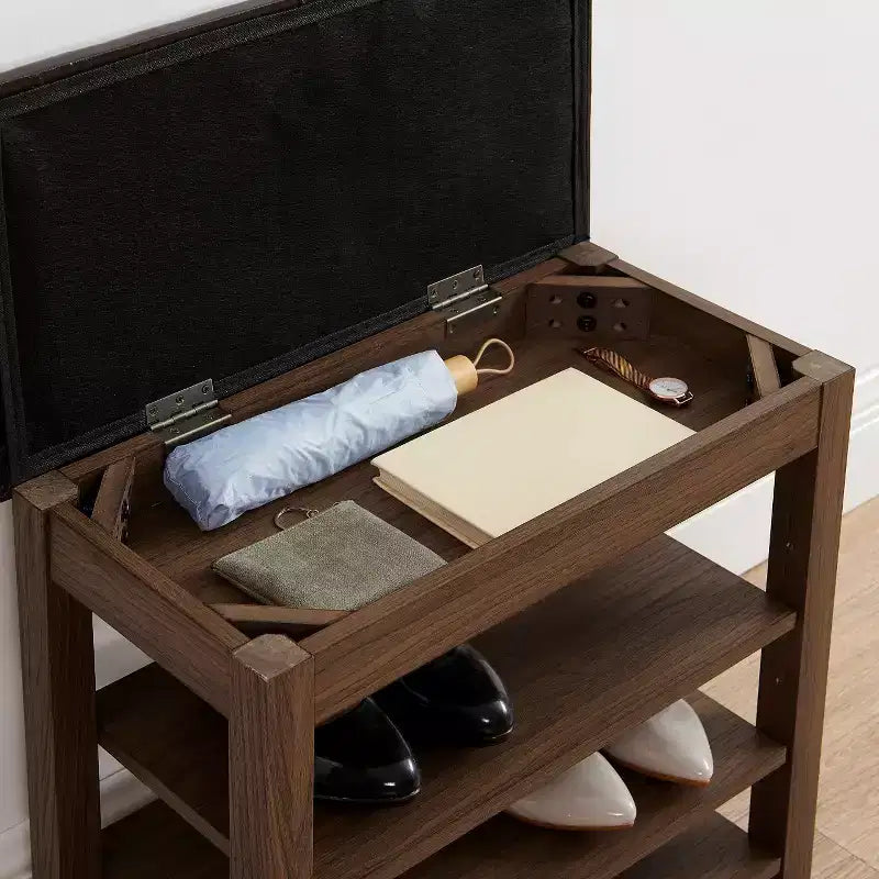 Banc à chaussures long en bois de caoutchouc naturel avec rangement dissimulé, organisateur d'entrée style nordique