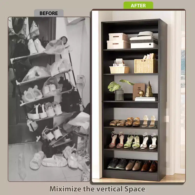 6-Tier Shoe Rack Tower, 80'' Floor Standing Wooden Shoe Organizer
