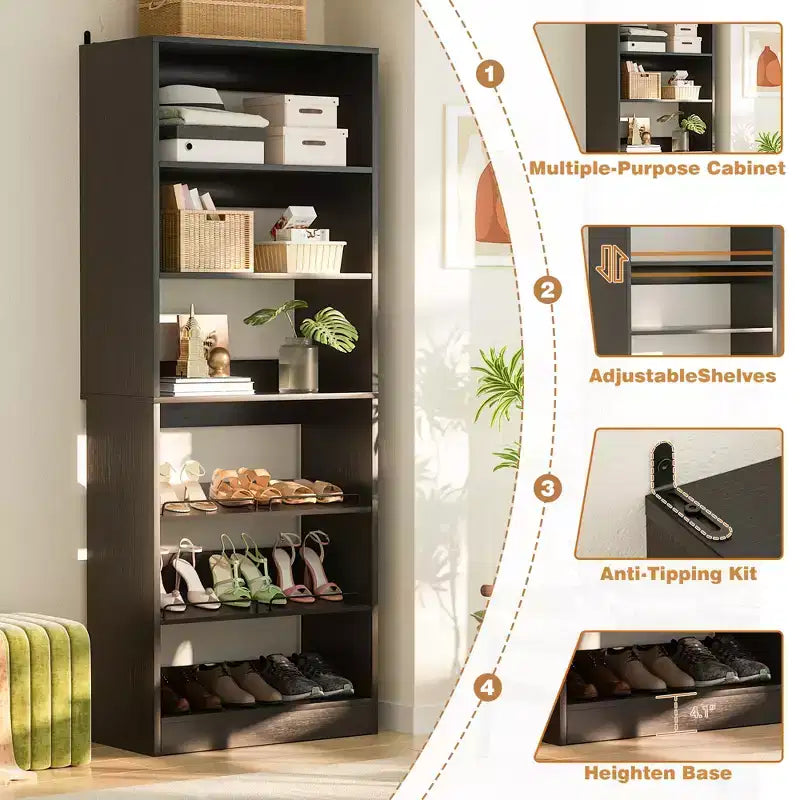6-Tier Shoe Rack Tower, 80'' Floor Standing Wooden Shoe Organizer