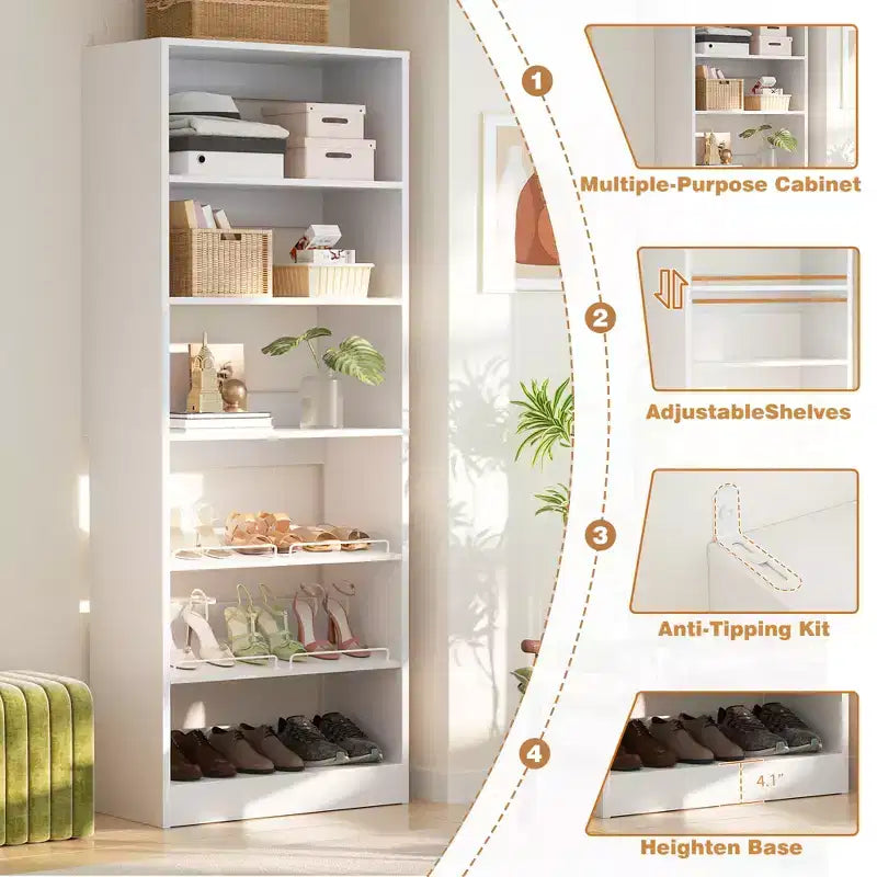 6-Tier Shoe Rack Tower, 80'' Floor Standing Wooden Shoe Organizer