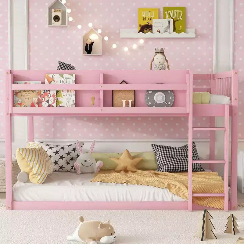 Twin Size Solid Wood Floor Bunk Bed with Storage Shelves & Ladder, Contemporary Bed Frame for Bedroom, Kids Room