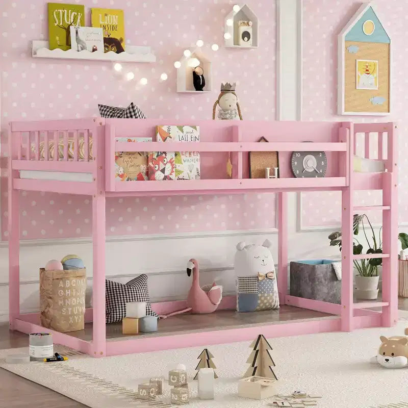 Twin Size Solid Wood Floor Bunk Bed with Storage Shelves & Ladder, Contemporary Bed Frame for Bedroom, Kids Room