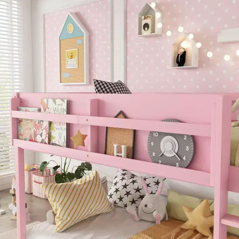Twin Size Solid Wood Floor Bunk Bed with Storage Shelves & Ladder, Contemporary Bed Frame for Bedroom, Kids Room