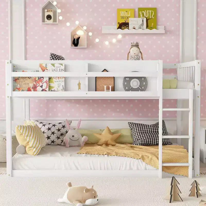 Twin Size Solid Wood Floor Bunk Bed with Storage Shelves & Ladder, Contemporary Bed Frame for Bedroom, Kids Room
