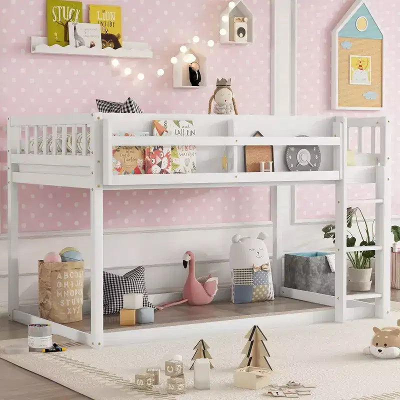 Twin Size Solid Wood Floor Bunk Bed with Storage Shelves & Ladder, Contemporary Bed Frame for Bedroom, Kids Room