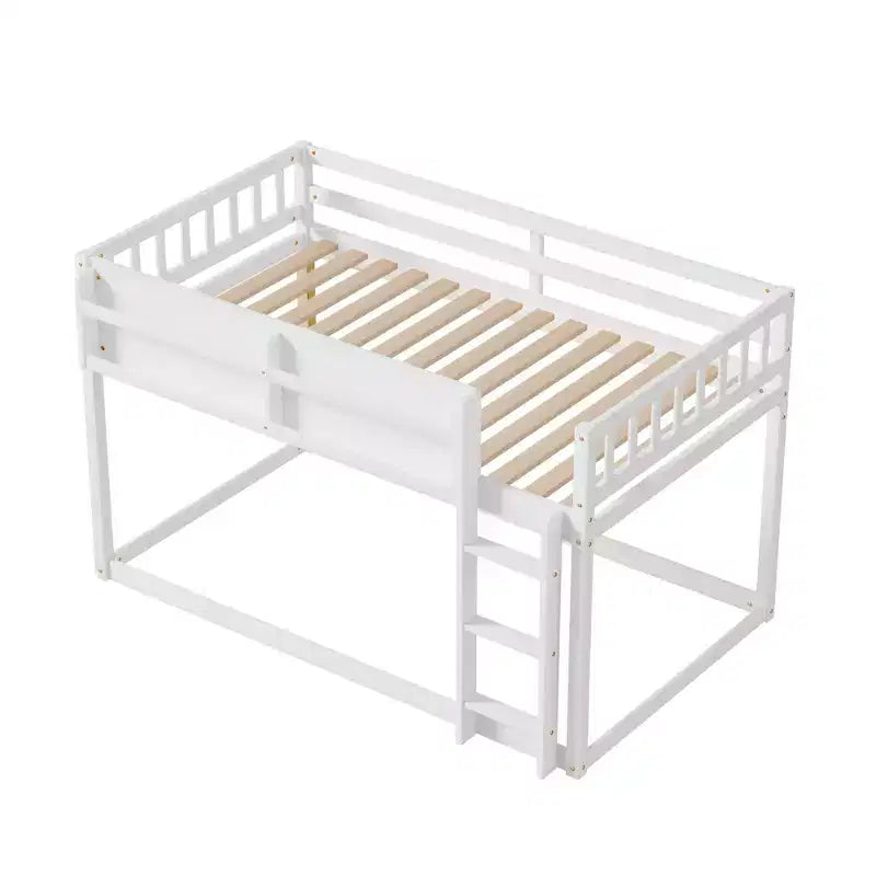 Twin Size Solid Wood Floor Bunk Bed with Storage Shelves & Ladder, Contemporary Bed Frame for Bedroom, Kids Room