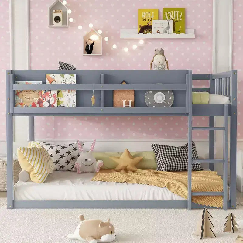 Twin Size Solid Wood Floor Bunk Bed with Storage Shelves & Ladder, Contemporary Bed Frame for Bedroom, Kids Room