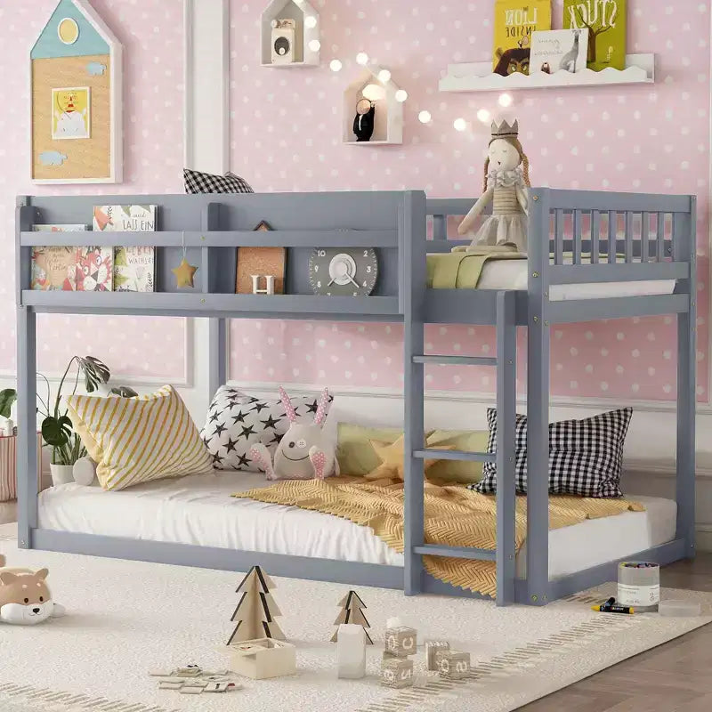 Twin Size Solid Wood Floor Bunk Bed with Storage Shelves & Ladder, Contemporary Bed Frame for Bedroom, Kids Room
