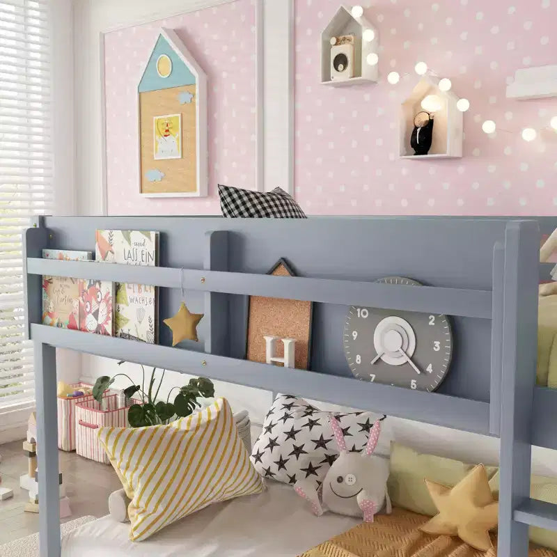 Twin Size Solid Wood Floor Bunk Bed with Storage Shelves & Ladder, Contemporary Bed Frame for Bedroom, Kids Room