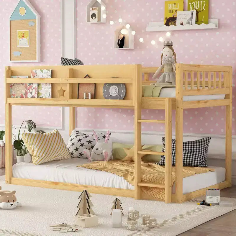 Twin Size Solid Wood Floor Bunk Bed with Storage Shelves & Ladder, Contemporary Bed Frame for Bedroom, Kids Room