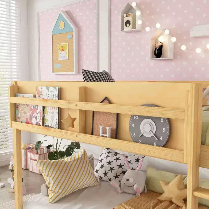 Twin Size Solid Wood Floor Bunk Bed with Storage Shelves & Ladder, Contemporary Bed Frame for Bedroom, Kids Room