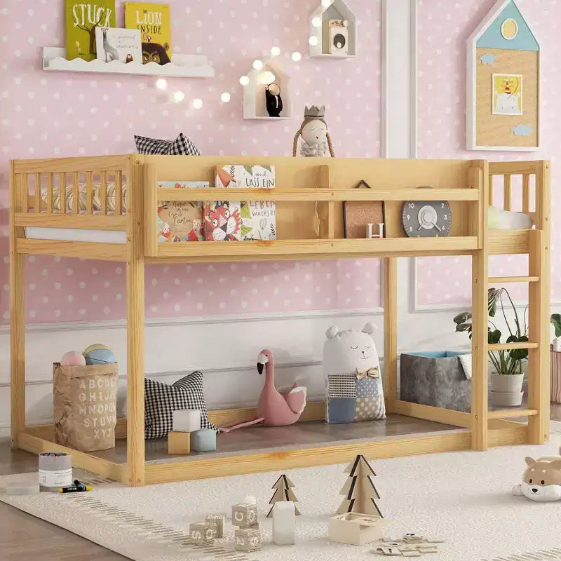 Twin Size Solid Wood Floor Bunk Bed with Storage Shelves & Ladder, Contemporary Bed Frame for Bedroom, Kids Room