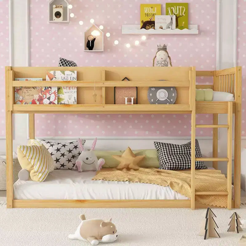 Twin Size Solid Wood Floor Bunk Bed with Storage Shelves & Ladder, Contemporary Bed Frame for Bedroom, Kids Room