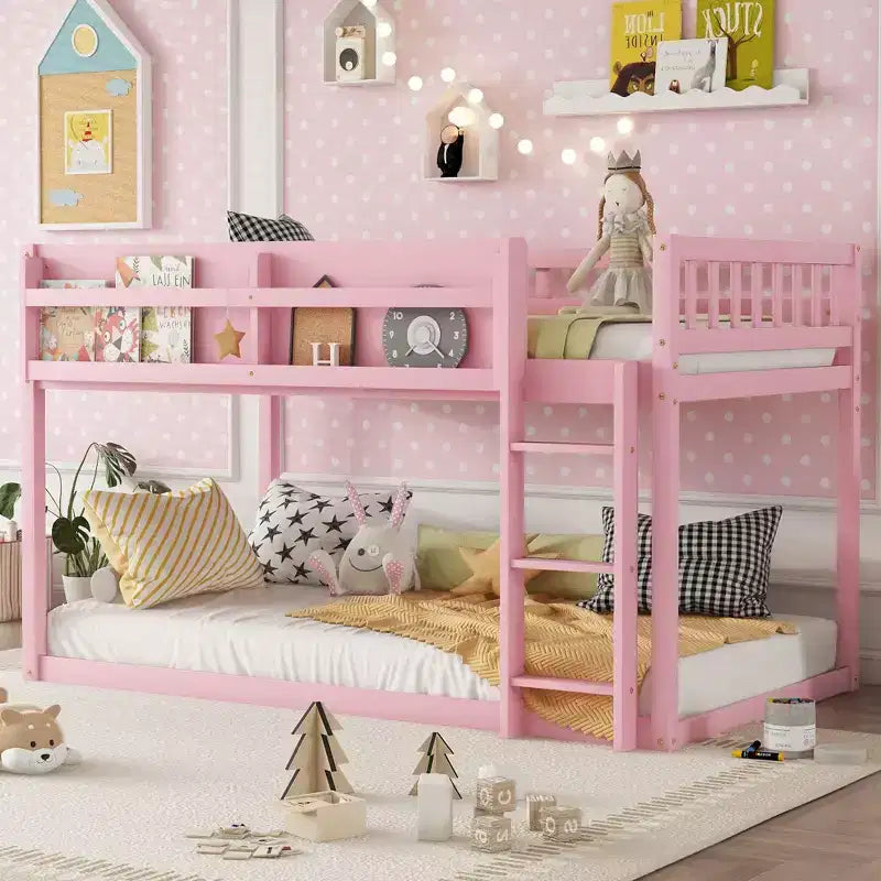 Twin Size Solid Wood Floor Bunk Bed with Storage Shelves & Ladder, Contemporary Bed Frame for Bedroom, Kids Room