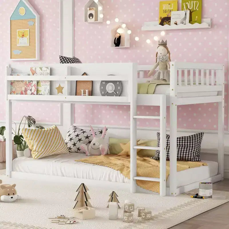 Twin Size Solid Wood Floor Bunk Bed with Storage Shelves & Ladder, Contemporary Bed Frame for Bedroom, Kids Room