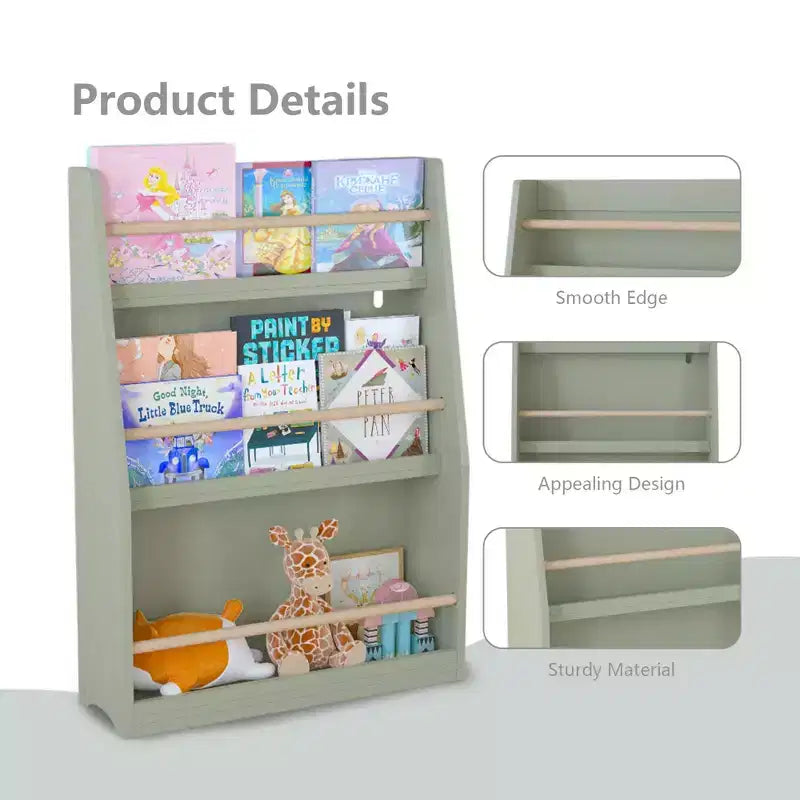 3 Tier Kids Book Rack Bookshelf, Toddler Front-Facing Bookcase for Reading Corner, Nursery, Playroom & Classrooms