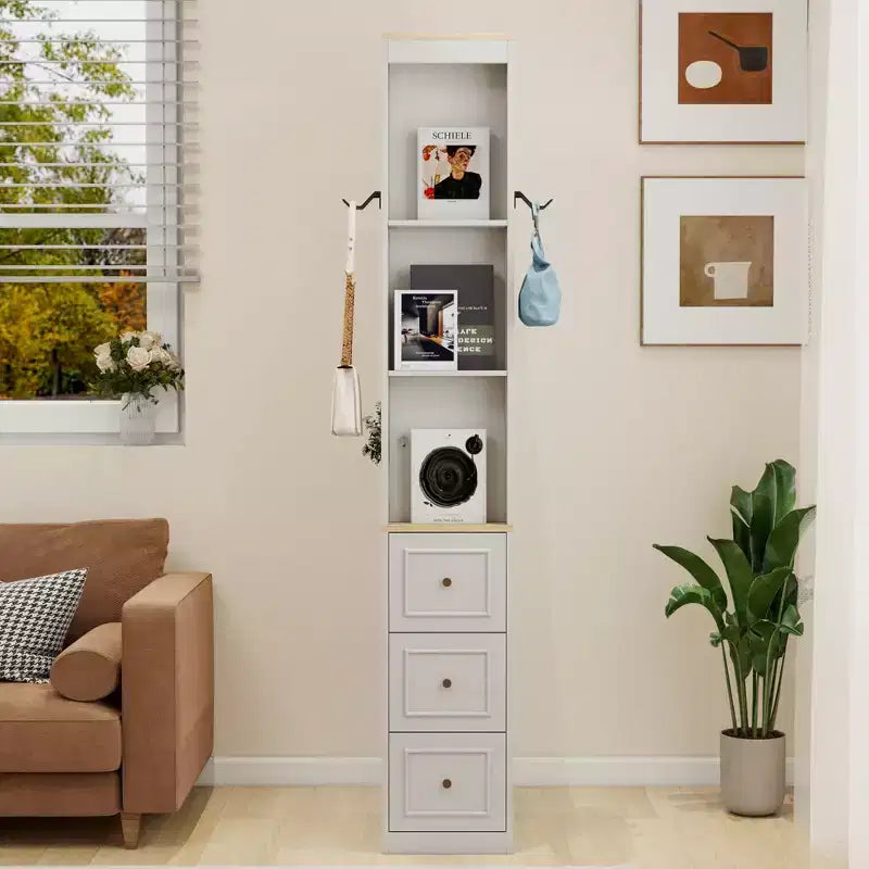 73 cm hoge smalle opbergkast, 3-laags mediakast met 3 laden en 2 haken, boekenkast display opbergplanken, kubus CD, DVD, spelconsole