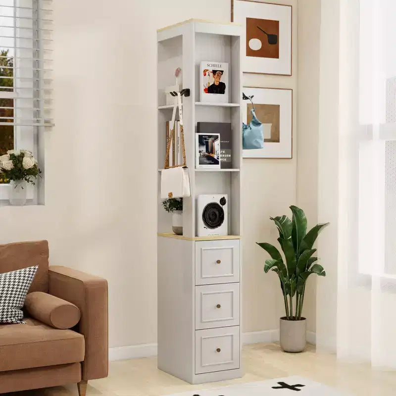 73 cm hoge smalle opbergkast, 3-laags mediakast met 3 laden en 2 haken, boekenkast display opbergplanken, kubus CD, DVD, spelconsole
