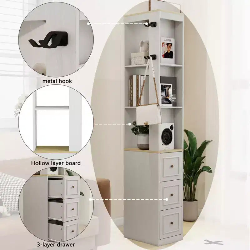 Armoire de rangement mince de 73 pouces de haut, armoire média à 3 niveaux avec 3 tiroirs et 2 crochets, étagères d'exposition pour livres, rangement cube pour CD, DVD, console de jeux  