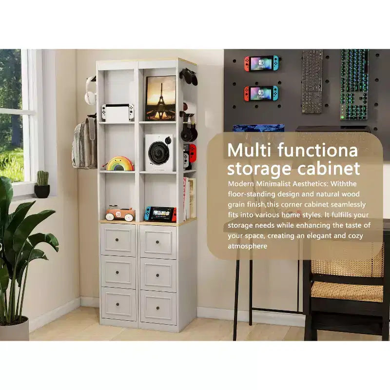 Armoire de rangement mince de 73 pouces de haut, armoire média à 3 niveaux avec 3 tiroirs et 2 crochets, étagères d'exposition pour livres, rangement cube pour CD, DVD, console de jeux  