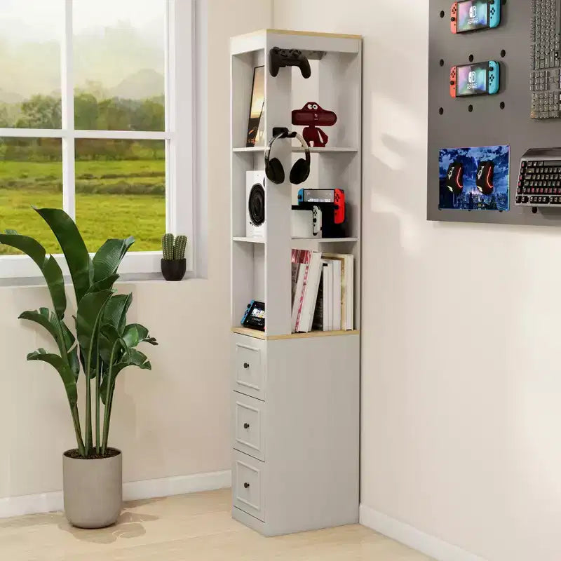 Armoire de rangement mince de 73 pouces de haut, armoire média à 3 niveaux avec 3 tiroirs et 2 crochets, étagères d'exposition pour livres, rangement cube pour CD, DVD, console de jeux  