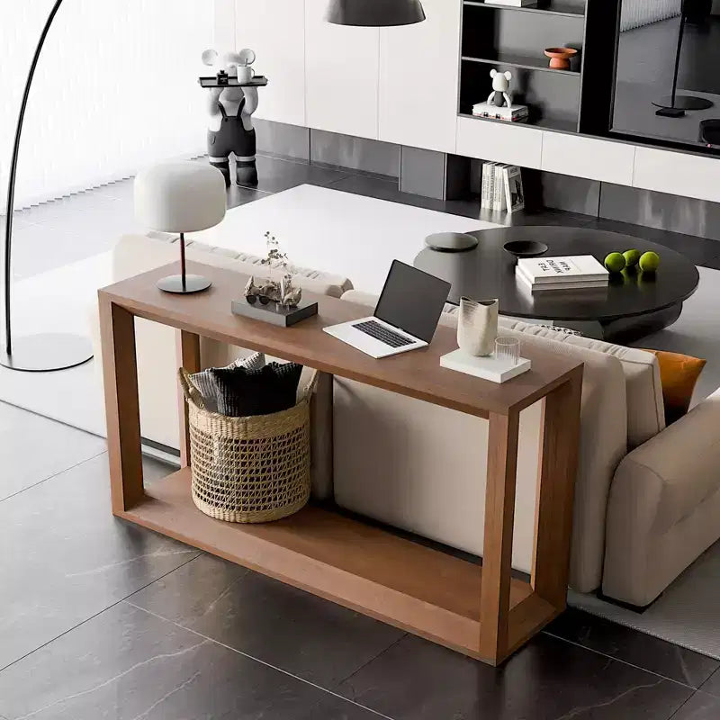 Table console moderne en placage de bois massif avec grand espace de rangement, table derrière canapé, table de bar pour salon, couloir  