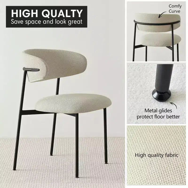 Ensemble de 2 chaises de salle à manger, chaises modernes de cuisine avec dossier ouvert, siège en tissu doux et pieds en métal noir  