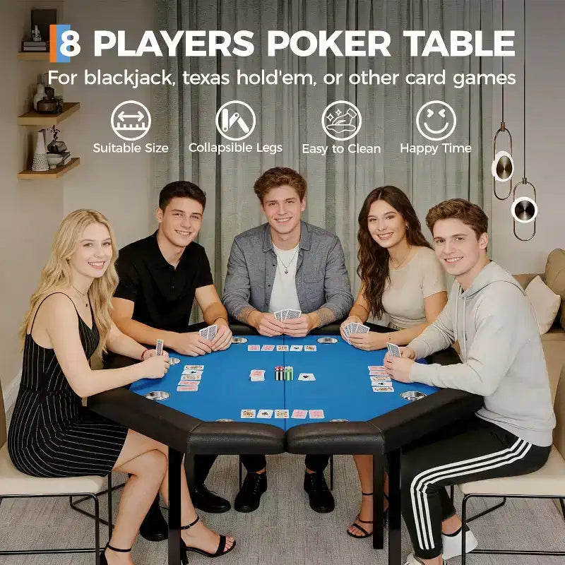Tavolo da poker pieghevole 48" per 8 giocatori, tavolo da gioco pieghevole portatile con bordi imbottiti, portabicchieri in acciaio inox, gambe metalliche richiudibili