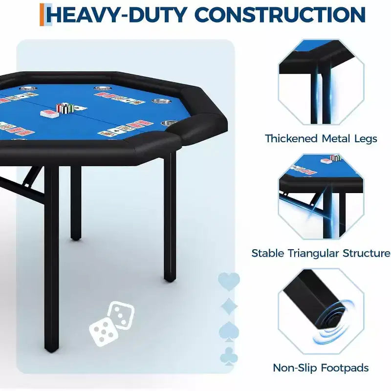 Tavolo da poker pieghevole 48" per 8 giocatori, tavolo da gioco pieghevole portatile con bordi imbottiti, portabicchieri in acciaio inox, gambe metalliche richiudibili