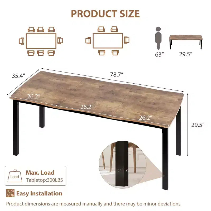 Table à manger pour 6-8 personnes, table rustique à bord ondulé irrégulier avec plateau MDF épais et cadre métallique, étanche et résistant aux rayures, marbre polyvalent