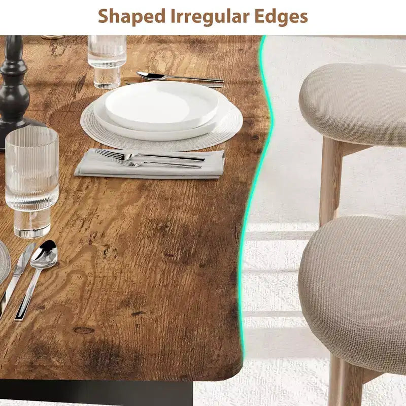 Table à manger pour 6-8 personnes, table rustique à bord ondulé irrégulier avec plateau MDF épais et cadre métallique, étanche et résistant aux rayures, marbre polyvalent